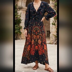 Free People Lady Covington Floral Border Maxi Dress Festival Medium